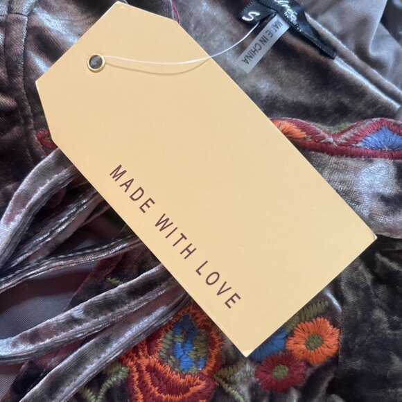 Andree By Unit Gray Crushed Velvet Embroidered Kimono Cardigan Sz S Hood Tie NEW - Picture 7 of 10